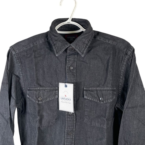 NEW UNTUCKit Mens Nero Buono Denim Button Up Shirt XS Slim‎ Fit Black Cotton L/S - Picture 1 of 8